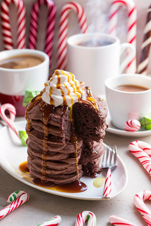 Chocolate mint christmas pancakes with coffee and candy canesの素材