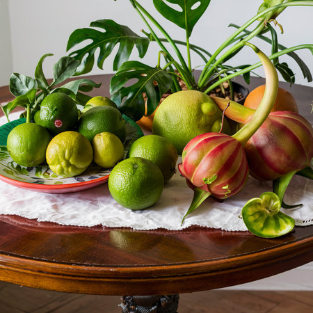 Kaffir lime, Leech lime, Mauritius papeda fruit on wooden table backgroundの素材
