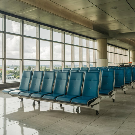Empty ogange and blue seats in airportの素材