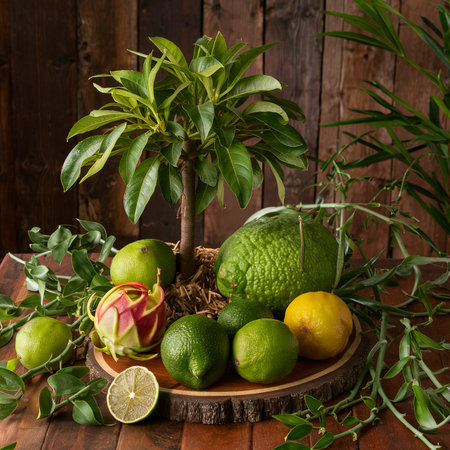 Kaffir lime, Leech lime, Mauritius papeda fruit on wooden table backgroundの素材