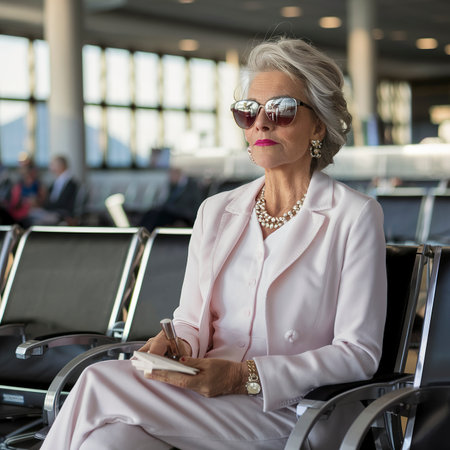 Portrait of fashionable senior businesswoman in sunglasses sitting in airport waiting roomの素材