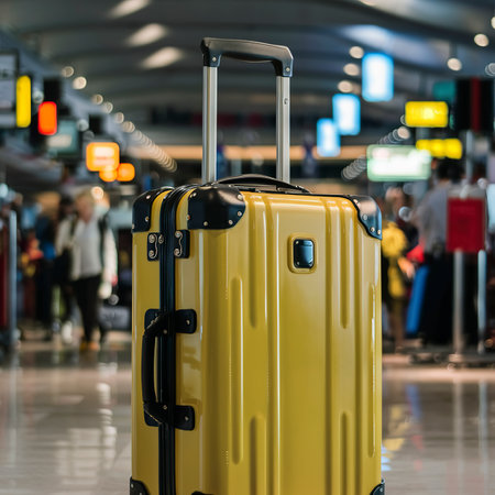 Yellow travel suitcase on airportの素材
