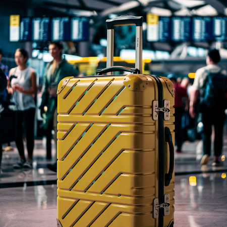 Yellow travel suitcase on airportの素材