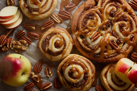 Cinnamon rolls with apples, caramel and pecan, fall baking concept overhead shot with copy spaceの素材