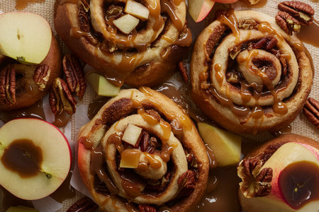 Cinnamon rolls with apples, caramel and pecan, fall baking concept overhead shot with copy spaceの素材