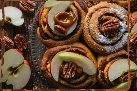 Cinnamon rolls with apples, caramel and pecan, fall baking concept overhead shot with copy spaceの素材
