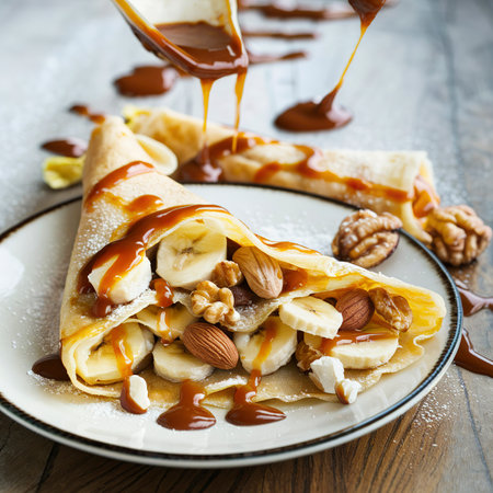 Crepes with bananas, nuts and caramel sauceの素材