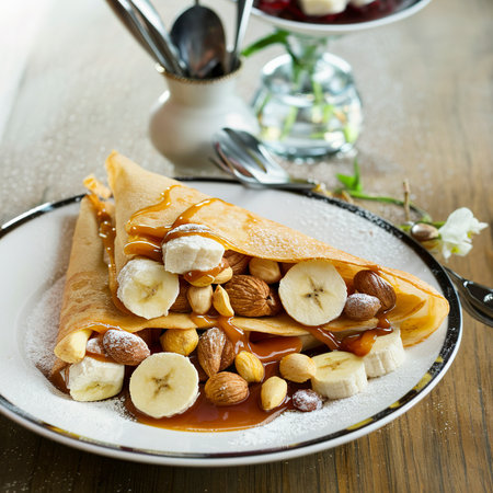 Crepes with bananas, nuts and caramel sauceの素材