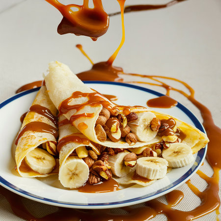 Crepes with bananas, nuts and caramel sauceの素材