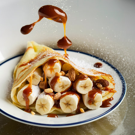 Crepes with bananas, nuts and caramel sauceの素材