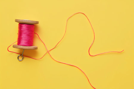 Pink thread on a wooden spool on a yellow backgroundの素材