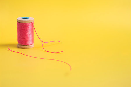 Pink thread on a wooden spool on a yellow backgroundの素材