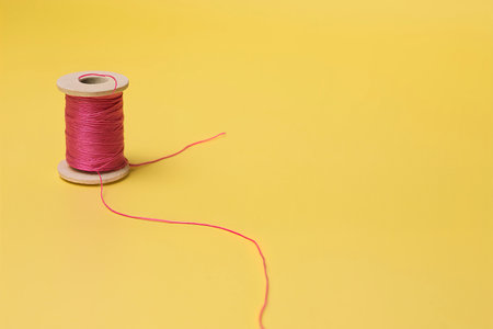 Pink thread on a wooden spool on a yellow backgroundの素材