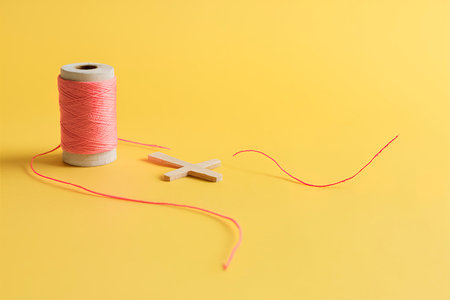 Pink thread on a wooden spool on a yellow backgroundの素材