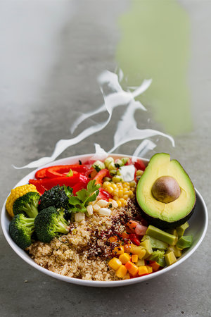 Vegan bowl with fresh vegetables, avocado and quinoaの素材