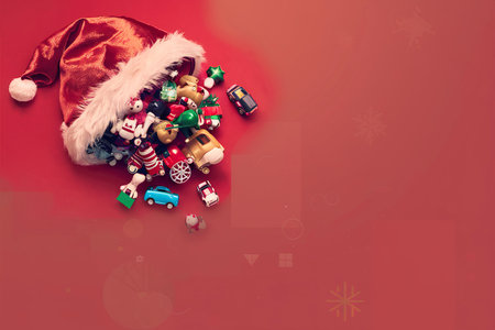 christmas toys fall out of santa hat on red background with copy space, christmas content.の素材