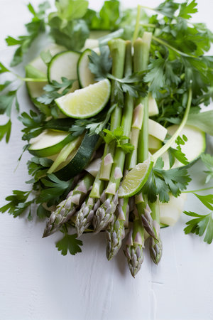 Healthy green vegetables, lime and herbs on whiteの素材