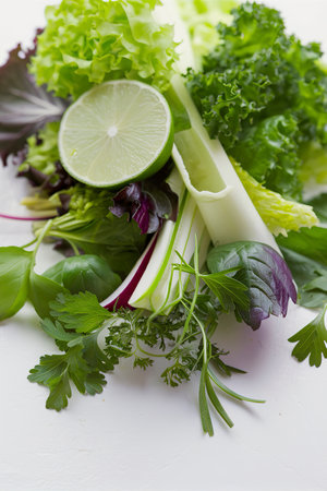 Healthy green vegetables, lime and herbs on whiteの素材