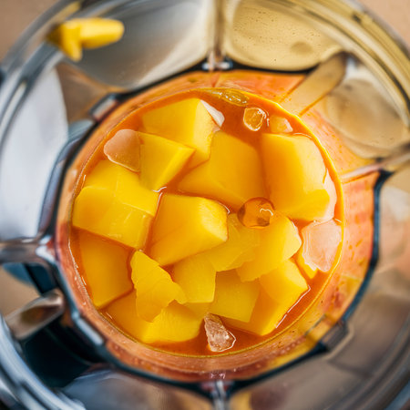Making smoothie with frozen mango and honey, blender top viewの素材