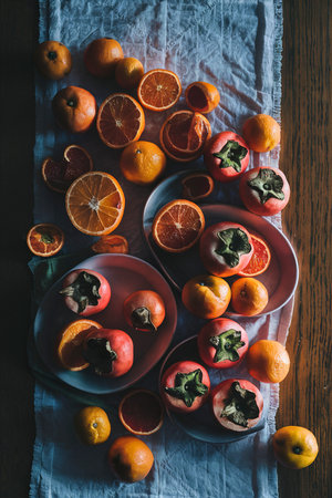 top view persimmons cut orangesの素材