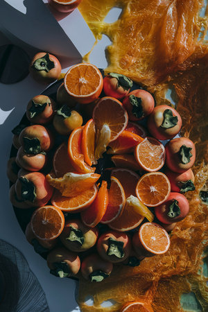 top view persimmons cut orangesの素材