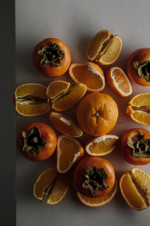 top view persimmons cut orangesの素材