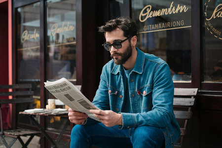 a men reads a newspaper outside a cafeの素材