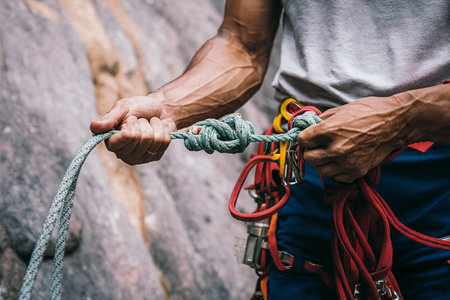 a rock climber holds out knotted ropeの素材