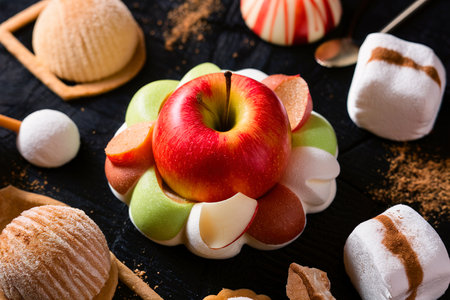 Apple paste, pastille, zephyr, marshmallow with cinnamon on a black backgroundの素材