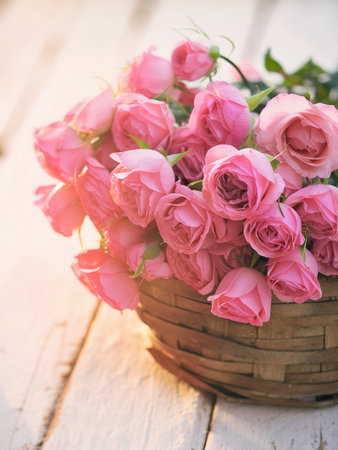 Basket with Pink roses on old white wooden backgroundの素材
