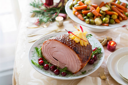 Christmas spiral ham served on a plate for holiday dinner with vegetables on the sideの素材