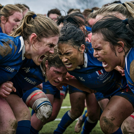 Close up of a female rugby players in a scrumの素材