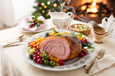 Christmas spiral ham served on a plate for holiday dinner with vegetables on the sideの素材