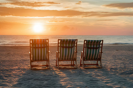 beach chairs with golden sunsetの素材