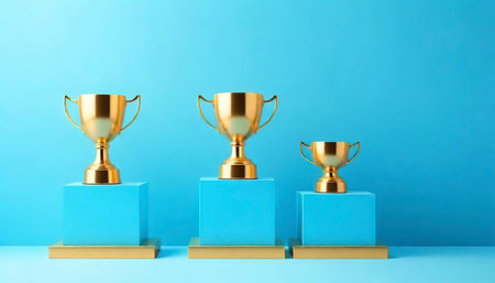 Golden champion cup or trophies and winners podium in sky blue pastel composition for modern stage display and minimalist mockup ,abstract showcase backgroundの素材