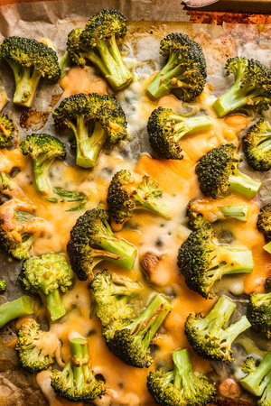 Roasted broccoli florets with cheese on a baking trayの素材