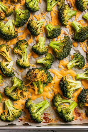 Roasted broccoli florets with cheese on a baking trayの素材