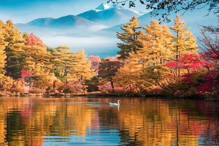 Beautiful calm lake in the autumn mountainsの素材