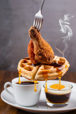 Fried chicken wing with a waffle on a fork with syrup pouring over, southern food conceptの素材