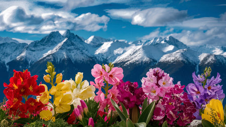 Colorful flowers with mountain Alps backgroundの素材