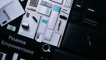 Concept of finance, documents and office supplies on black backgroundの素材