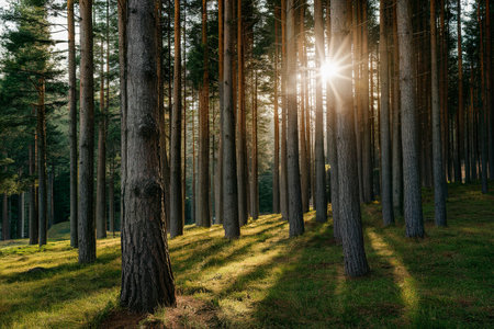Beautiful green pine trees on Carpathian mountains. the sun shining through the tree trunksの素材