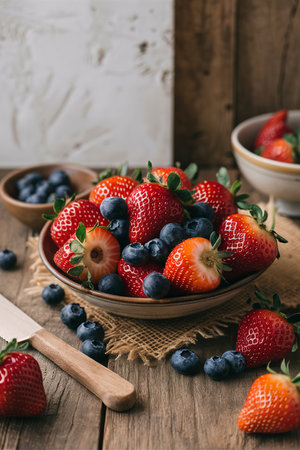 Bowl of strawberries and blueberries on a wooden tableの素材