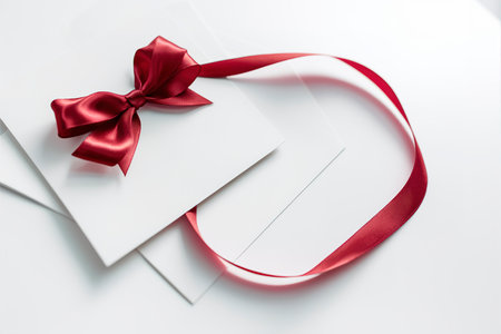 Close up of card with red ribbon bow on white backgroundの素材
