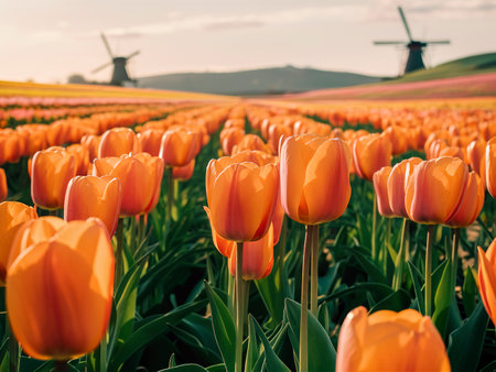 Beautiful flowers blooming of orange tulip flowers field in springの素材