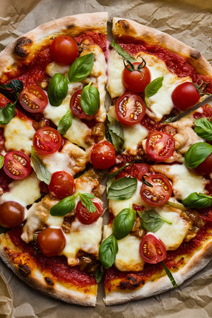 Delicious vegetarian pizza with cherry tomatoes on a parchmentの素材