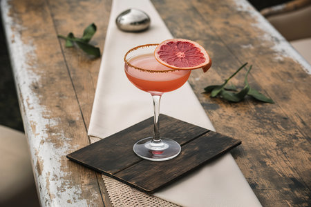 Cocktail with grapefruit slice on a wooden tableの素材