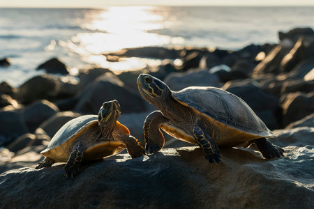 Two turtles, on the rocks, illuminated by the sunの素材