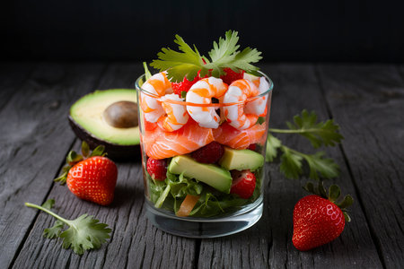 Fresh salad with shrimps, salmon, avocado and strawberries in a glassの素材