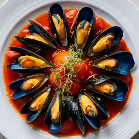 mussels whith sauce of fresh tomatoes in white plateの素材